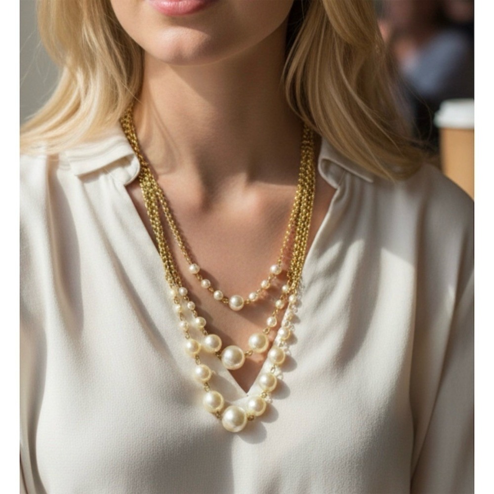 AVON Necklace Gold Tone Multi-Strand Faux Pearl Ivory Toggle Clasp 18" old money